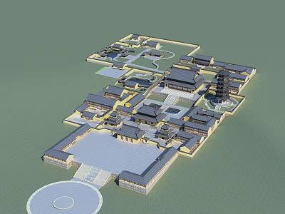 Traditional Chinese Ancient Architecture Complex With Symmetrical Courtyard Layout And Pagoda 3d model