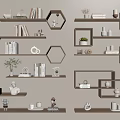 Modern Wall Mounted Shelves With Hexagonal Design And Decorative Books Plants