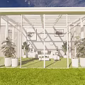 White Glass Enclosed Building With Green Grass Blue Sky And Indoor Plants Furniture