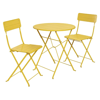 Yellow Foldable Round Table and Two Backrest Chairs Set Design 3d model