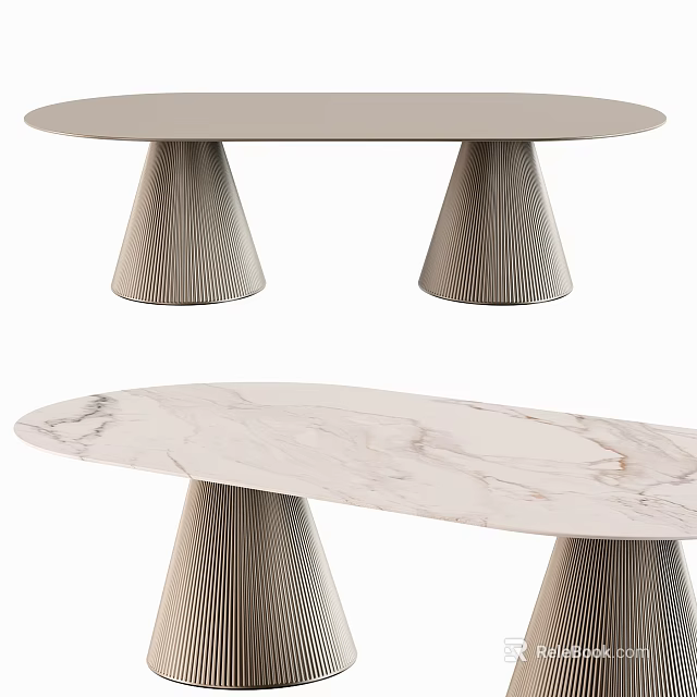 Oval Modern Dining Table With Marble Tabletop And Rippled Legs Design 3d model 