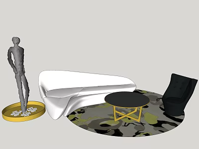 Modern White Sofa Coffee Table Set with Yellow Legs Camouflage Rug and Black Accent Chair 3d model