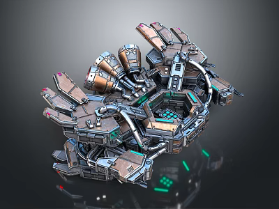 Futuristic Mechanical Structure With Multiple Arms Green Glowing Elements Hexagonal Core And Metallic Panels 3d model