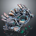 Futuristic Mechanical Structure With Multiple Arms Green Glowing Elements Hexagonal Core And Metallic Panels