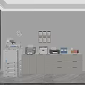 Office Electronics Setup Featuring Multifunctional Printers Small Printer Filing Cabinet Wall Clock And Decorative Frames