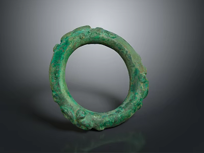 Green Circular Bronze Sculpture Featuring Intricate Decorative Carvings On Surface 3d model