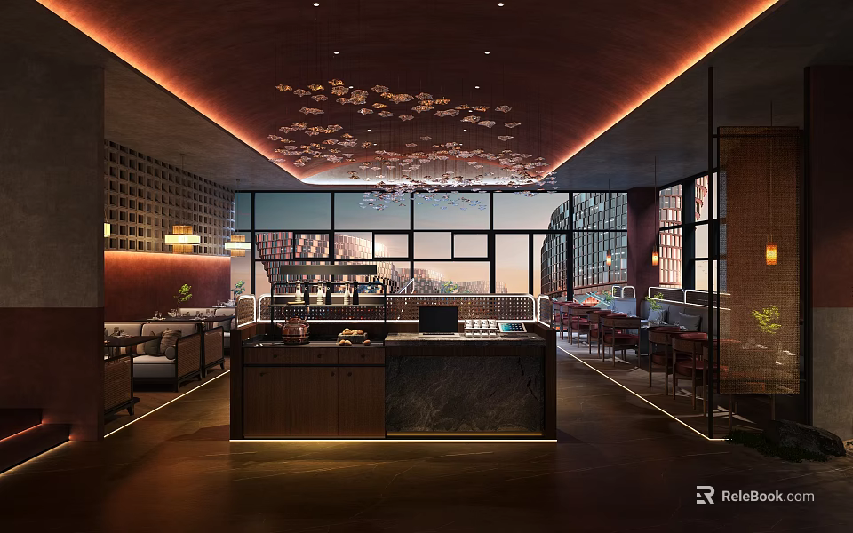 Modern Restaurant Interior With Large Windows City View Decorative Ceiling And Warm Lighting 3d model 