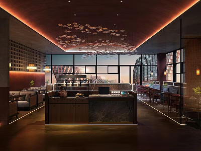 Modern Restaurant Interior With Large Windows City View Decorative Ceiling And Warm Lighting 3d model