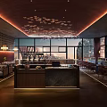 Modern Restaurant Interior With Large Windows City View Decorative Ceiling And Warm Lighting 3d model