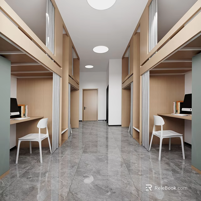 School Dormitory Interior Design With Bunk Beds Desks Computers Chairs And Gray Marble Floor 3d model 