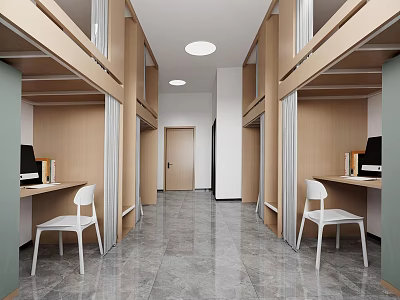 School Dormitory Interior Design With Bunk Beds Desks Computers Chairs And Gray Marble Floor 3d model