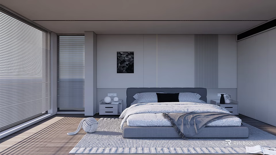 Modern Bedroom Interior Design With Gray Headboard Bed Pillows Nightstands Blinds Wooden Floor And Rug 3d model 