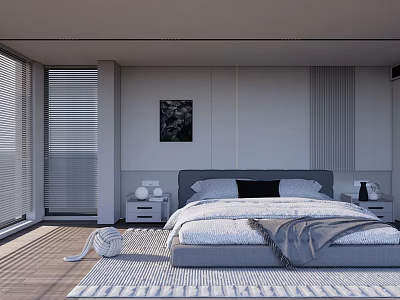 Modern Bedroom Interior Design With Gray Headboard Bed Pillows Nightstands Blinds Wooden Floor And Rug 3d model