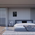 Modern Bedroom Interior Design With Gray Headboard Bed Pillows Nightstands Blinds Wooden Floor And Rug