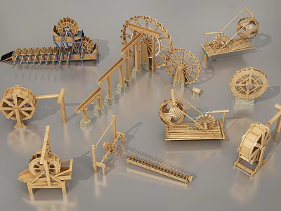 Ancient Wooden Mechanical Models Including Water Wheels And Gear Structures 3d model