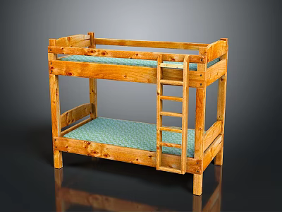 Sturdy Wooden Bunk Bed With Ladder And Blue Mattress Design 3d model