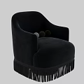 Elegant Navy Blue Velvet Armchair With Curved Armrests Rounded Back And Fringe Trim
