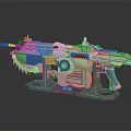 Futuristic Sci Fi Weapon Gun With Metallic Finish And Blue Accents On Display Stand