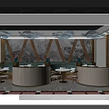 Modern Chinese Restaurant Interior With Curved Golden Counter Green Seats And Chandeliers