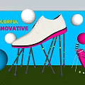 Colorful Innovative Photo Spot With Large White Shoe Golf Balls Clubs Pink Bag Green Grass