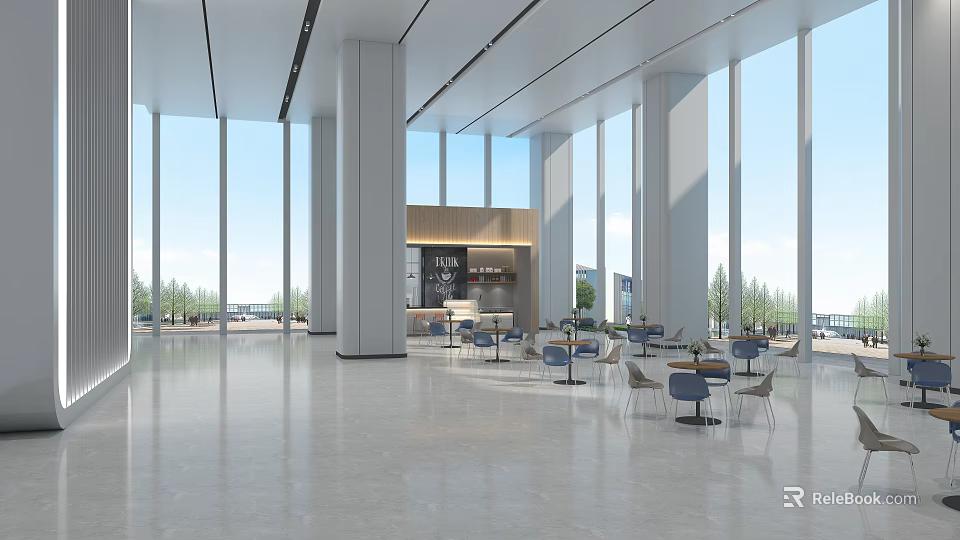 Modern Lobby Front Desk Reception With Large Windows White Columns And Seating Area 3d model 