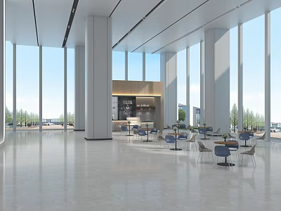 Modern Lobby Front Desk Reception With Large Windows White Columns And Seating Area 3d model