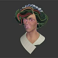 3D Female Head Model With Curly Dark Brown Hair and White Headpiece Featuring Circular Decorations
