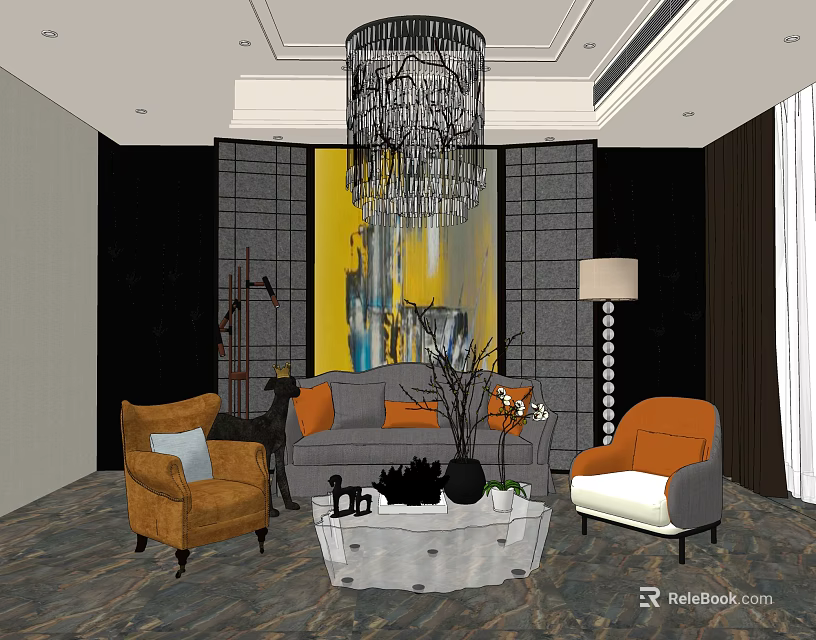 Modern Living Room With Sofa Coffee Table Set Armchairs Chandelier And Abstract Painting 3d model 