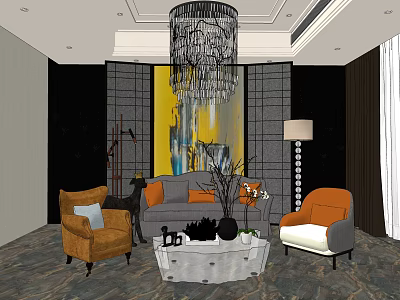 Modern Living Room With Sofa Coffee Table Set Armchairs Chandelier And Abstract Painting 3d model