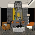 Modern Living Room With Sofa Coffee Table Set Armchairs Chandelier And Abstract Painting