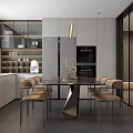 Modern Kitchen Interior With Open Dining Table Chairs Pendant Lights And Cabinets 3d model
