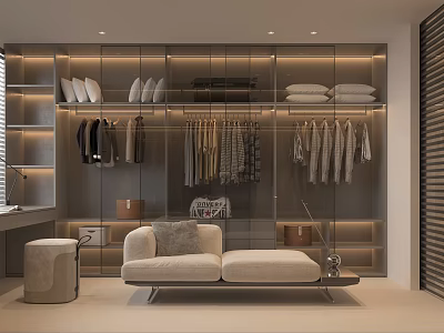 Modern Walk in Closet Interior With Glass Door Cabinets Hanging Clothes And Seating Bench 3d model