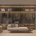 Modern Walk in Closet Interior With Glass Door Cabinets Hanging Clothes And Seating Bench