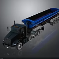 Black Heavy Duty Dump Truck with Blue Trailer Multiple Wheels and Reflective Finish on Dark