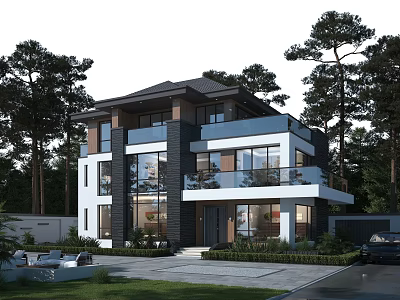 Modern Detached Villa Exterior Design With Balcony Large Windows Lawn And Trees 3d model