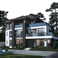 Modern Detached Villa Exterior Design With Balcony Large Windows Lawn And Trees