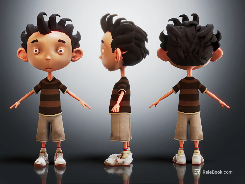 3D Cartoon Boy Character Model With Curly Hair Striped Shirt And Shorts From Multiple Angles 3d model 