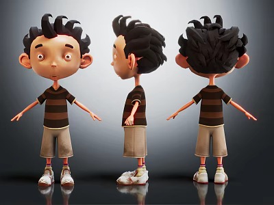 3D Cartoon Boy Character Model With Curly Hair Striped Shirt And Shorts From Multiple Angles 3d model
