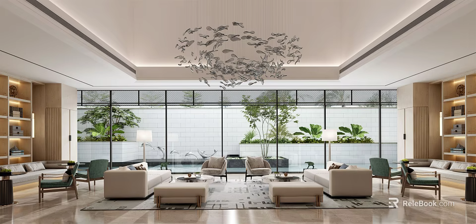 Modern Lounge Area with Large Windows Green Plants Beige Sofas Armchairs And Fish Shaped Chandelier 3d model 