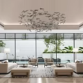 Modern Lounge Area with Large Windows Green Plants Beige Sofas Armchairs And Fish Shaped Chandelier