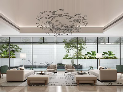 Modern Lounge Area with Large Windows Green Plants Beige Sofas Armchairs And Fish Shaped Chandelier 3d model