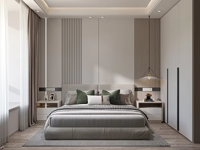 Modern Minimalist Bedroom Interior Design With Bed Nightstands Curtains Wardrobes And Pendant Lights 3d model