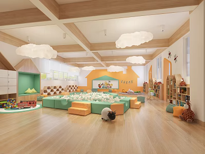 Colorful Kindergarten Indoor Play Space With Cloud Pendant Lights Soft Cushioned Seats And Toy Shelves 3d model