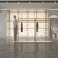Elegant Modern Clothing Store Interior With Marble Floor Gold Frames Mannequins Green Plants Display Racks