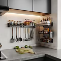 Modern Kitchen Interior With Wall Cabinets Holding Spice Bottles And Kitchen Utensils