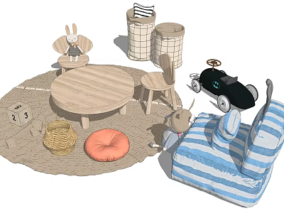 Wooden Round Kids Table with Small Chair Rabbit Doll Toy Car and Storage Bins 3d model