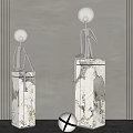 Abstract Metal Sculptures with Seated Human Figures on Marble Pedestals and White Decorative Ball