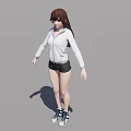Child In White Hoodie And Black Shorts Standing With Blue Sneakers On Gray Background