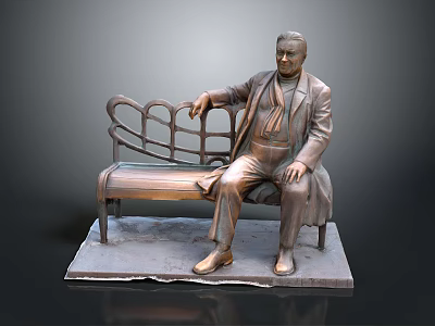Male Figure Bronze Statue Sitting On Bench With Coat Vest And Lattice Backrest 3d model