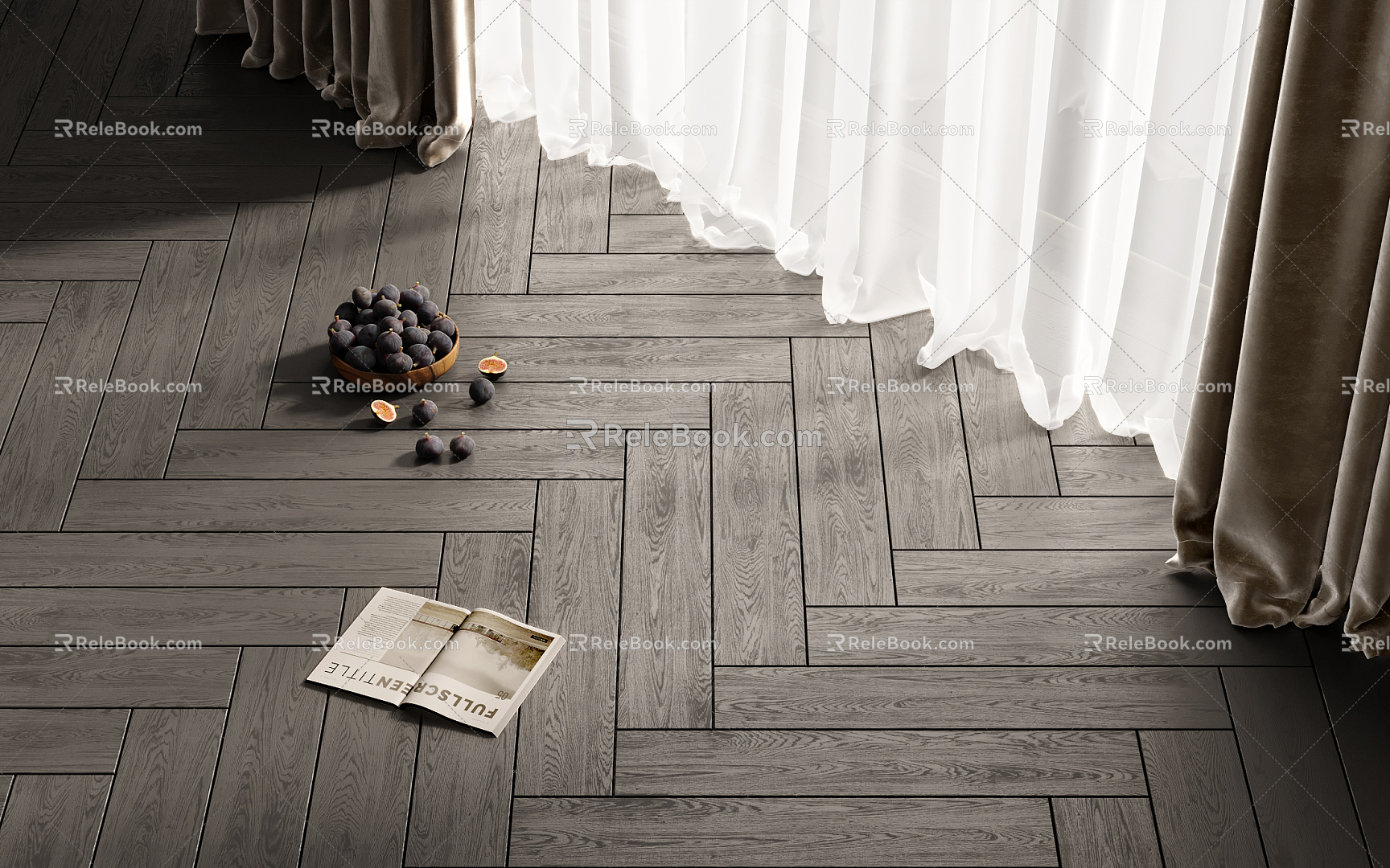 Modern Floor Book Decorative Fruit Plate Wood Floor Curtain Gauze Curtain 3d model